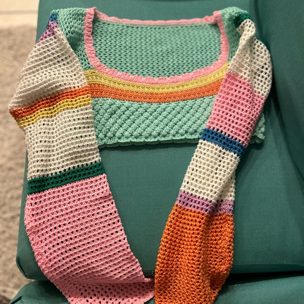 Pink and Orange Crew Neck Sweater with Color Block Design
